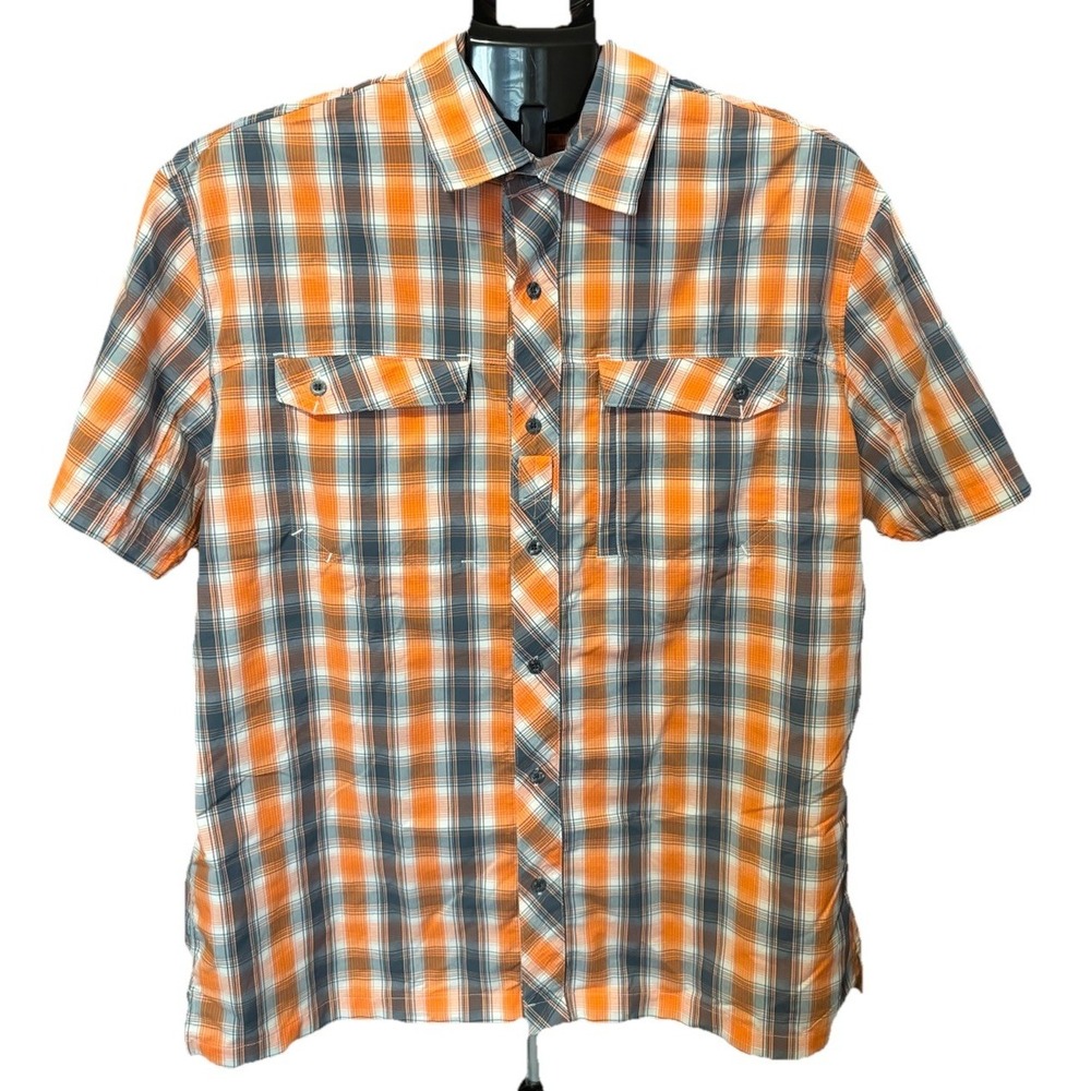 Cabelas Shirt Mens Orange UPF50 Plaid‎ CoolMax 4Most Button Up Gorpcore Fishing